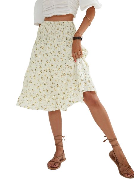 

ditsy floral print shirred frill trim skirt 114g#, Black