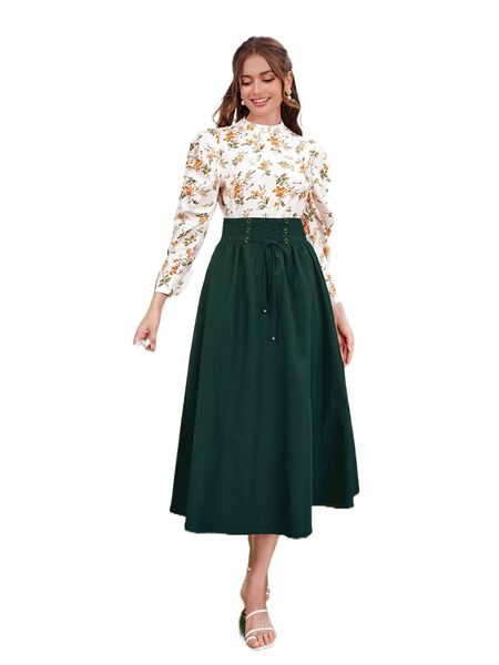 

mock neck puff sleeve & skirt set a4yv#, White