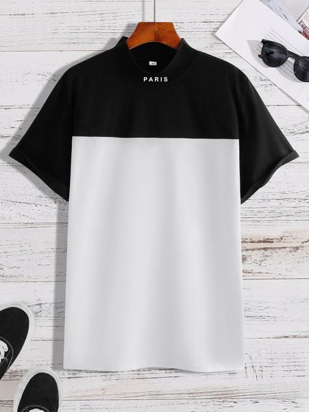 

men letter graphic two tone mock neck tee o9mk#, White;black