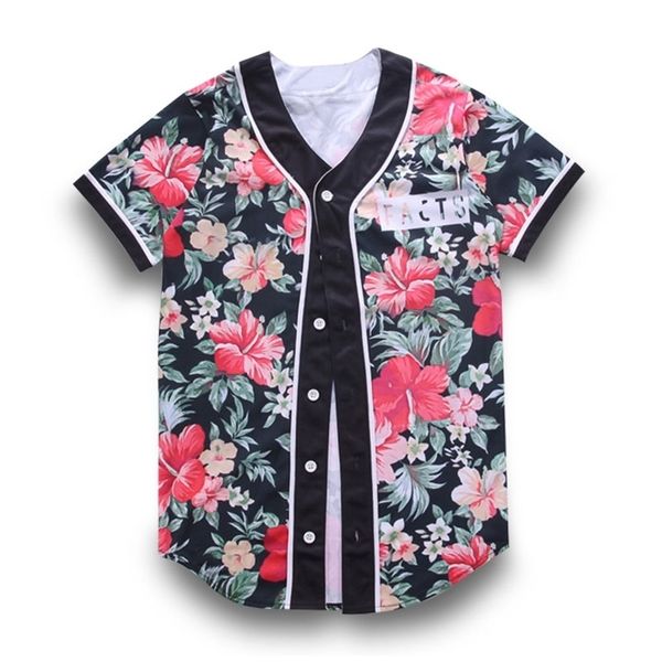 Camisa de beisebol camiseta vermelho floral 3d impressão jaqueta manga curta homens camiseta botão camisa hip hop streetwear roupas 220623