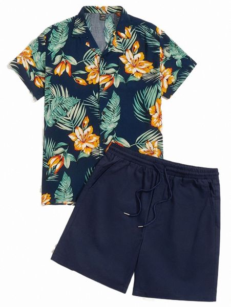 

men tropical print shirt & drawstring waist shorts x89w#, Gray