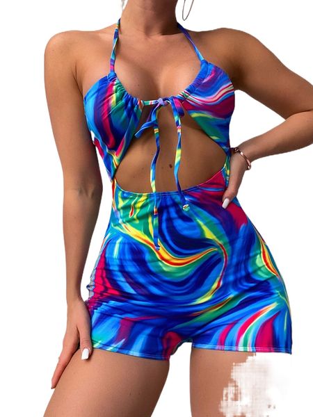 

allover print cut-out one piece swimsuit 03wn#, White;black