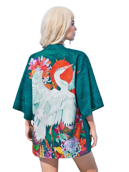 

x magdalena parfieniuk tie dye crane & floral print kimono z5ff#, White;black