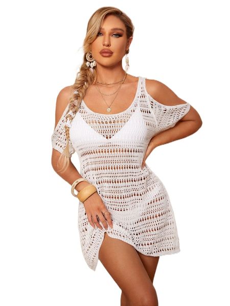 

hollow out cold shoulder cover up dress without bikini set n2bk#, White;black