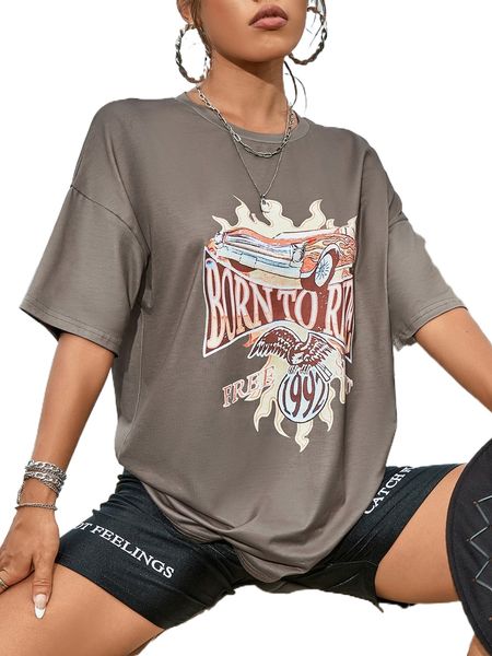 

car and letter graphic drop shoulder tee t6qe#, White