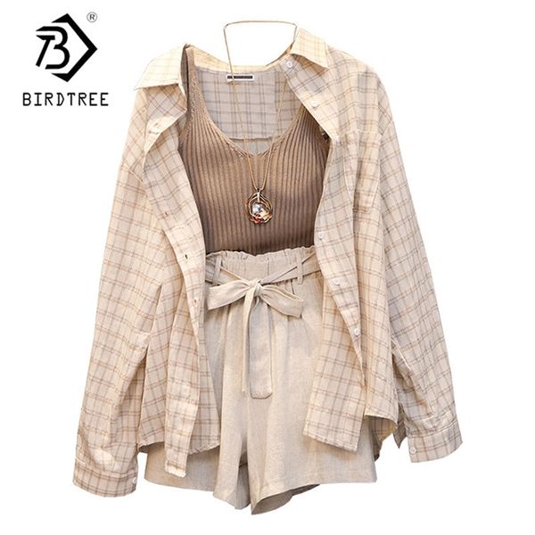 

summer women's short suit three piece sets casual outfits linen plaid shirt sports knit vest with belt sportswear 220509, White