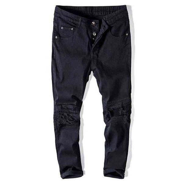 

street trendy men wrinkled knees damaged slim fit jeans dark biker jeans elastic leggings, Blue
