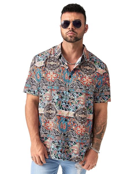

extended sizes men paisley & floral print shirt 36tl#, White;black