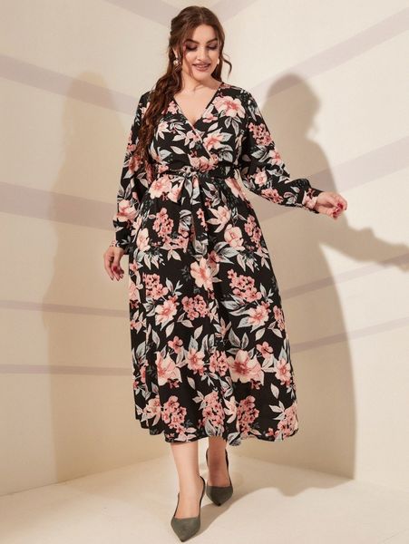

plus floral print bishop sleeve overlap collar belted dress f2x6#, Black