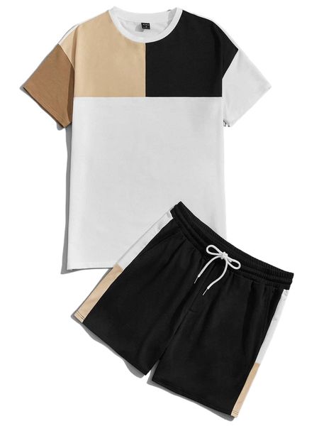 

men colorblock tee & drawstring waist shorts h3v4#, Gray