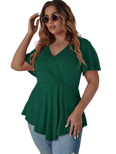 

plus flutter sleeve overlap collar peplum hem tee l96k#, Black