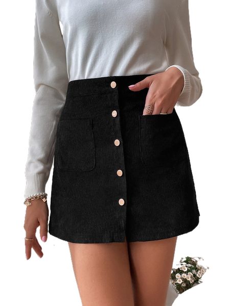 

double pocket single breasted corduroy skirt m1rk#, Black