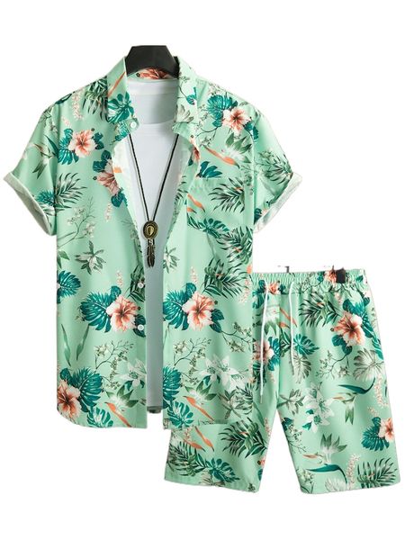 

men tropical print shirt & shorts without tee 06qt#, Gray