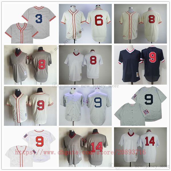 Movie Vintage Baseball-Trikots trägt genähte 6 JohnnyPesky 8 CarlYastrzemski 9 TedWilliams 14 JimRice Away Atmungsaktives Sport-Sale-Trikot von hoher Qualität