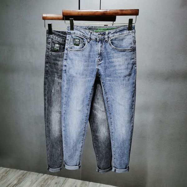 Calças de brim de ajuste magro para homens estiramento luz azul cinza famosa marca jeans masculino calças de comprimento total roupas masculinas jean homme cx220401