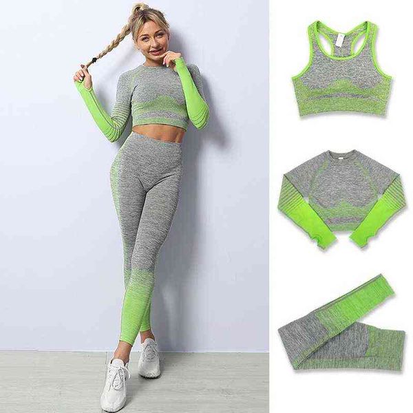 

3pcs seamless knitted running yoga clothes suit female stretch hip lift quick dry fitness leggings outdoor sports cycling t220725, White;red
