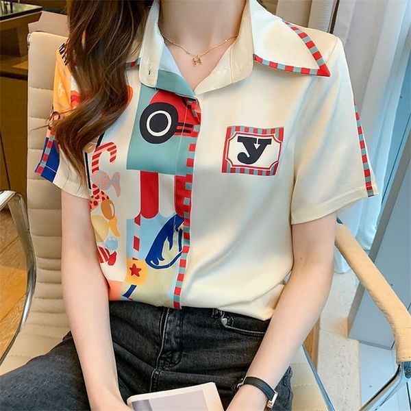 

fashion print office ladies shirts women's blouses summer casual short sleeve blusas mujer 210702, White