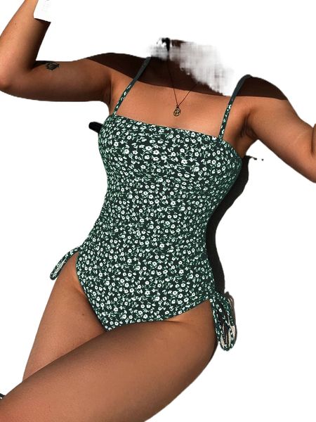 

floral tie side one piece swimsuit l6hl#, White;black