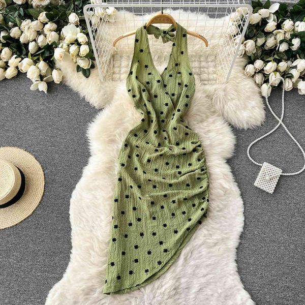 

casual dresses summer french romantic backless print v-neck halter lace up irregular slim fit pleated buttock dress 1ipq, Black;gray