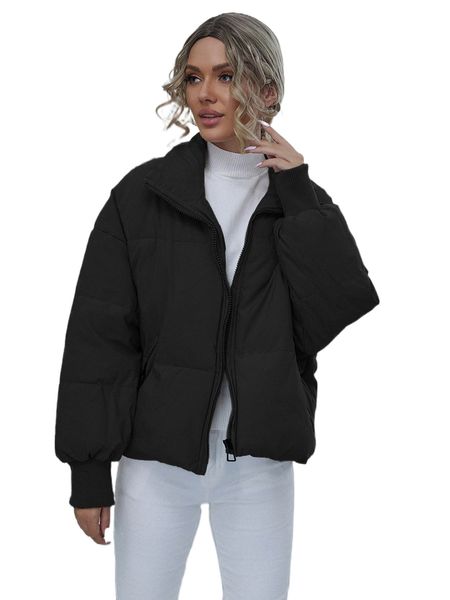 

drop shoulder zip up puffer jacket w8zk#, Black