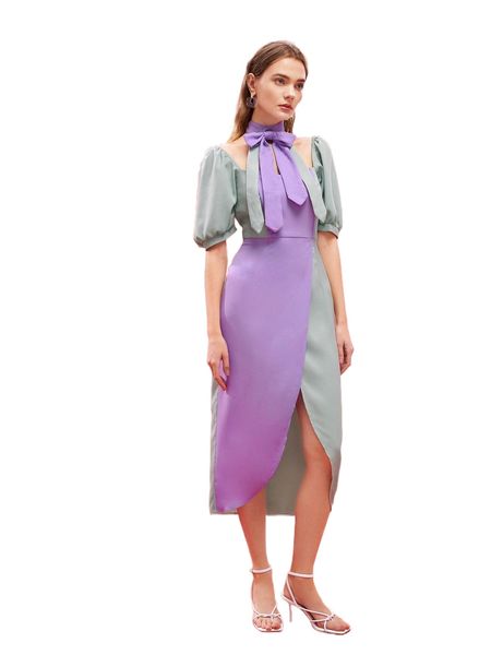 

x tania corgon two tone puff sleeve wrap hem dress with choker e5gt#, Black;gray