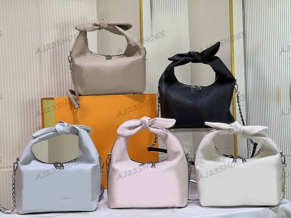 Borsa a tracolla con nodo Mahina traforata: Designer di lusso con catena intrecciata da donna - Beige crema/Galet - Accessorio ideale per il corpo a tracolla (M20700/M20701)