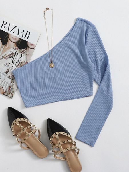 

one shoulder rib-knit crop tee z8vx#, White