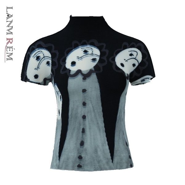 

lanmrem niche printting short sleeve pleated tshirt tee for famle summer new trend stretch turtleneck women yj782 210317, White