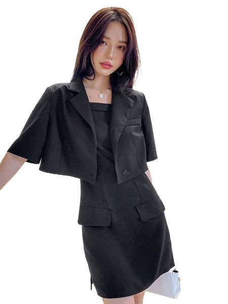 

dazy solid lapel neck single button crop blazer & cami dress w3ey#, White