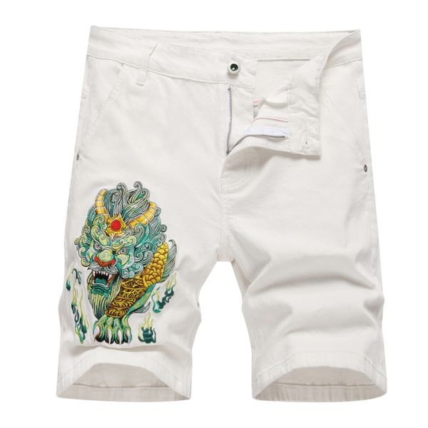 

men's jeans a mythical wild animal embroidered denim shorts men's fashion brand high-end slim elastic capris summer thin pants, Blue