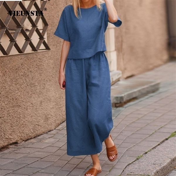 

y2k spring summer casual twopiece women's suit straight loose oneck shortsleeved shirt wideleg pants fashionable solid color 220526, White