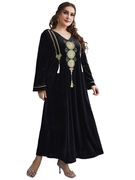 

plus fringe trim velvet dress l7lh#, Black