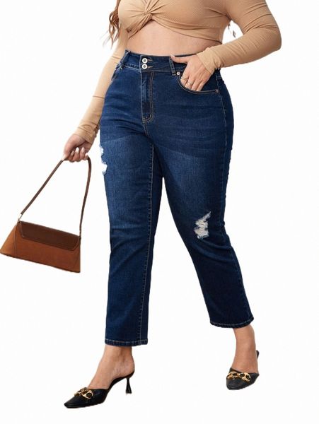 

plus high waist ripped bootcut leg jeans k96d#, Blue