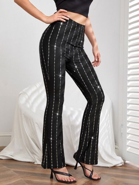 

rhinestone bootcut leg pants k7db#, Black;white