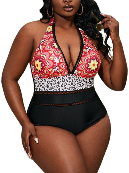 

plus floral & leopard halter one piece swimsuit 68ii#, White;black