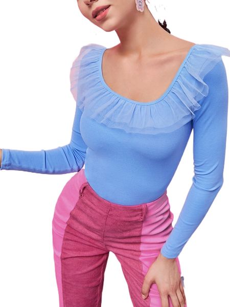 

contrast mesh ruffle trim scoop neck tee x8el#, White