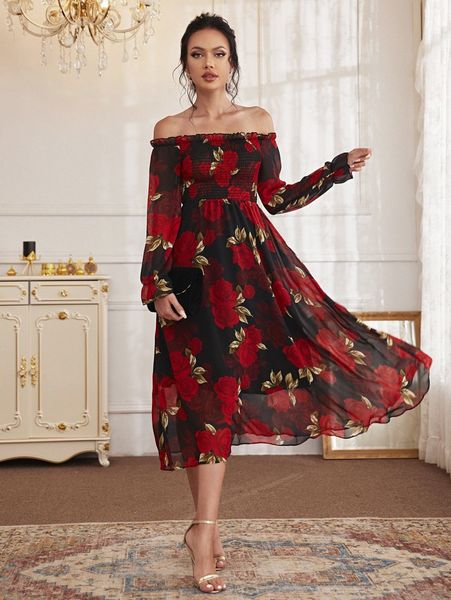 

floral print frill shirred bardot dress 72yp#, Black;gray