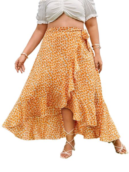 

plus ditsy floral ruffle trim tie side wrap skirt o3rd#, Black