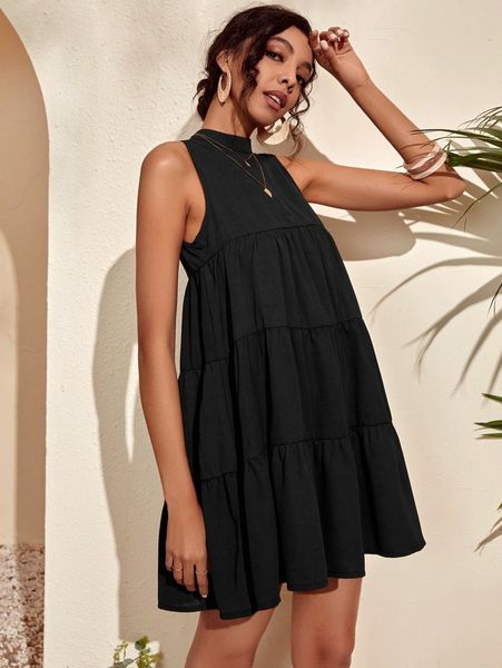 

solid ruffle hem smock dress a6lg#, Black;gray