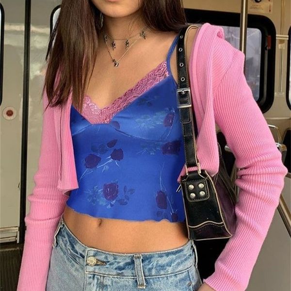 

cami crop women summer flower print casual tank for women sleeveless v neck girl blue lace cami crop y200824, White