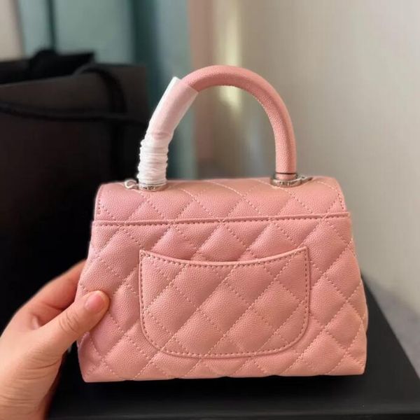 

tz 2022 womens classic mini flap co handle tote bag iridescent pearly pink quilted silver metal hardware matelasse chain crossbody purse sac