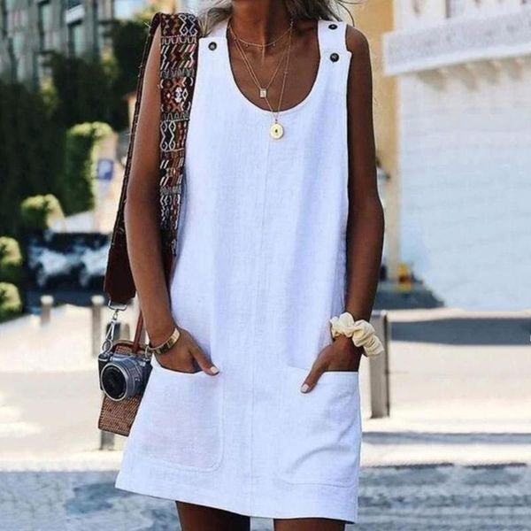 

summer loose vintage beach casual women solid color pocket dress sleeveless button sundress for clothes 220521, Black;gray