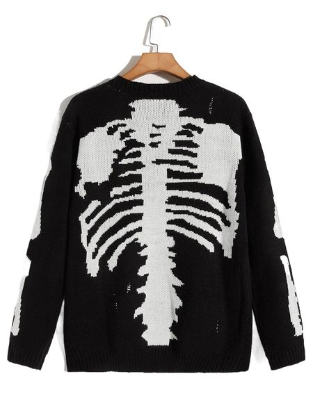 

romwe guys skeleton pattern distressed sweater c0rb#, White;black