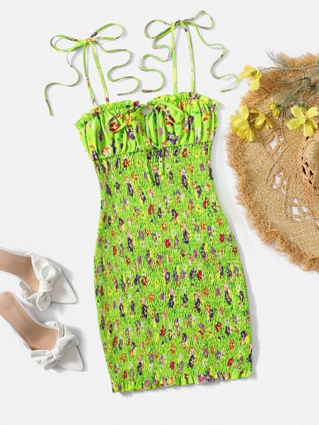 

floral print shirred tie shoulder cami bodycon dress c6kc#, Black;gray