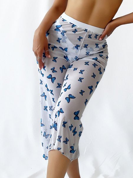 

butterfly print sheer mesh cover up pants f6ca#, White;black