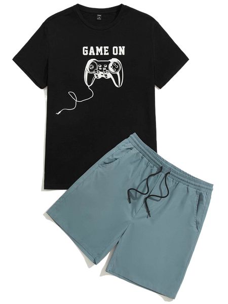

men gamepad & letter graphic tee & drawstring waist shorts 091x#, Gray