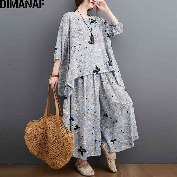 

dimanaf plus size two piece set suit women clothing vinatge print elegant lady shirt linen loose pants female suit summer 210331, Gray