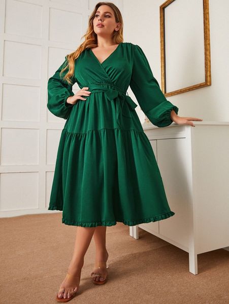 

sbetro plus lantern sleeve frilled ruffle hem belted dress d8ao#, Black