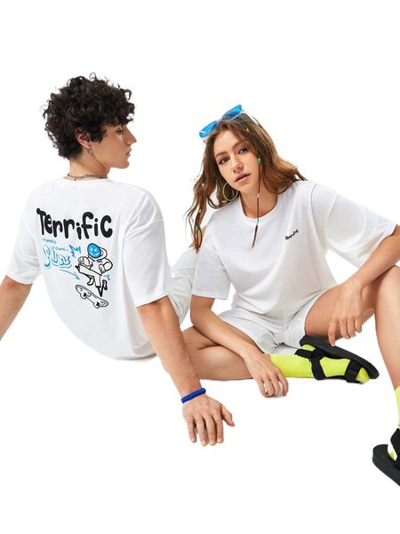 

1pc cartoon & letter graphic drop shoulder tee & 1pc shorts r7fj#, Gray