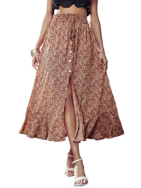 

ditsy floral shirred waist split thigh ruffle hem skirt h8hh#, Black